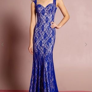GLS Apparel Blue Contrast Lace Long Sleeveless Sheath Gown